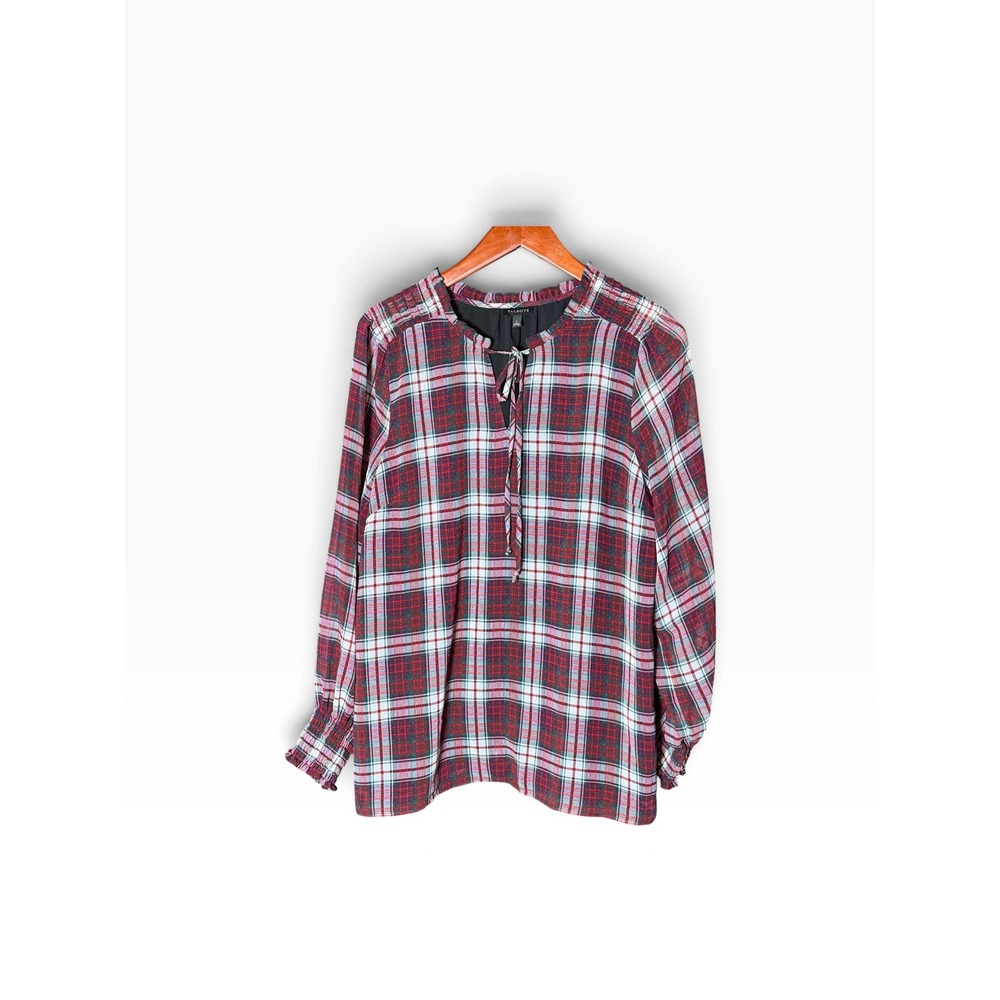 Talbots Plaid Blouse Womens Large Red Green Ruffle Neck Tie Smocked Cuff Lined